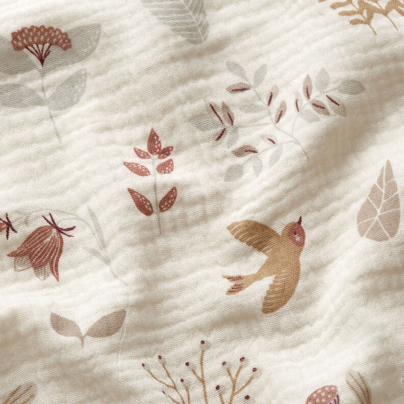 Musliini-/kaksikerroksinen kangas Mets&auml;n kasvit &ndash; villanvalkoinen,  image number 2