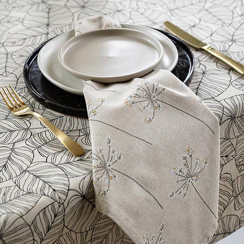 Sisustuskangas Puolipanama Hienot lehdet – luonnonvärinen/musta,  image number 6