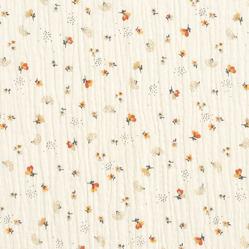 Musliini-/kaksikerroksinen kangas Kukkaset ja siilit – villanvalkoinen,  image number 1