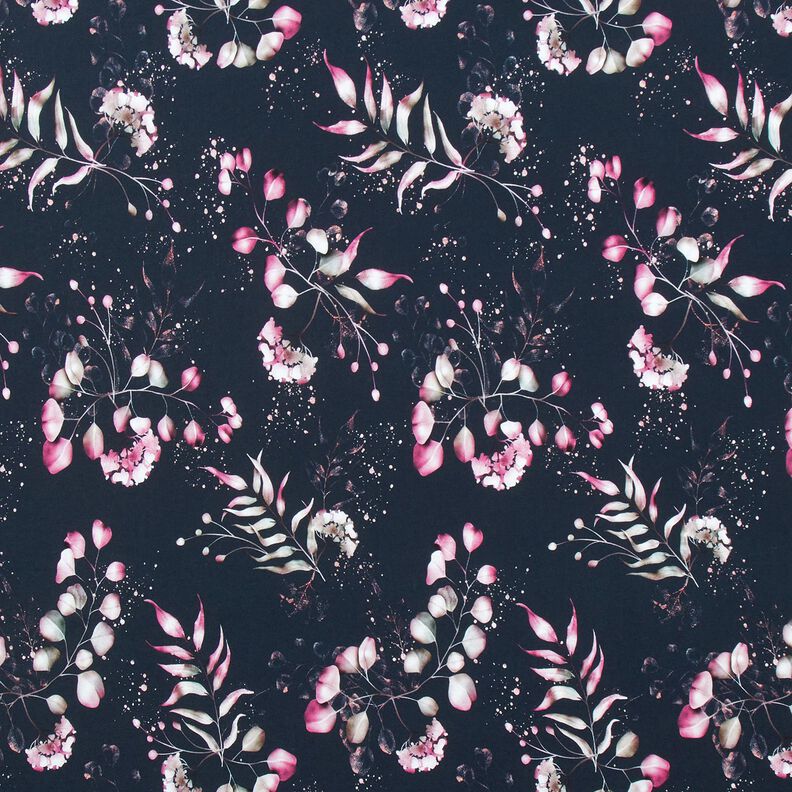 Puuvillajersey Eukalyptus ja hortensiat | Glitzerp&uuml;ppi &ndash; y&ouml;nsininen/roosa,  image number 1