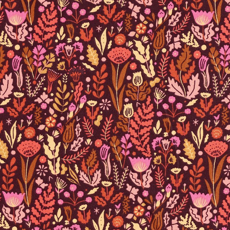 Puuvillakangas Kretonki Villikukat – merlot/purppura,  image number 1