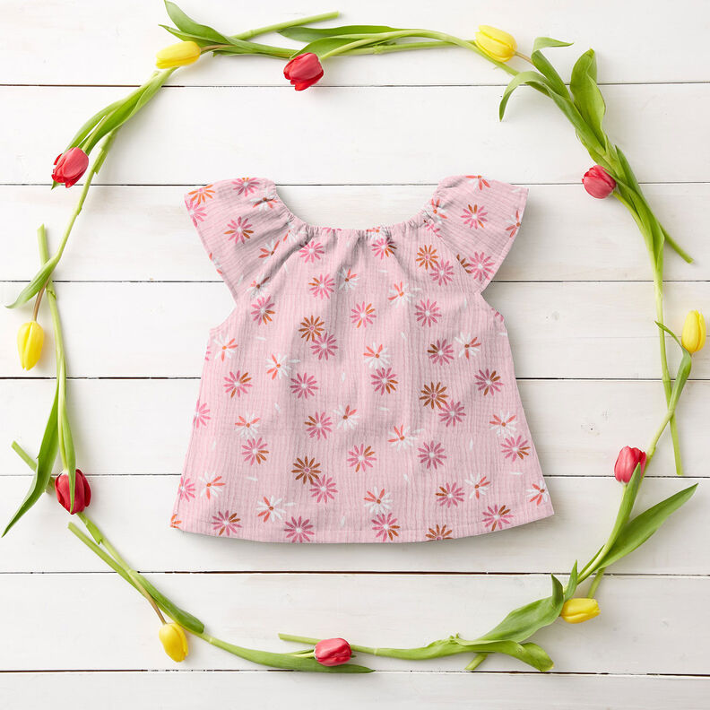 Musliini-/kaksikerroksinen kangas Kukkasade &ndash; ruusunpunainen,  image number 6