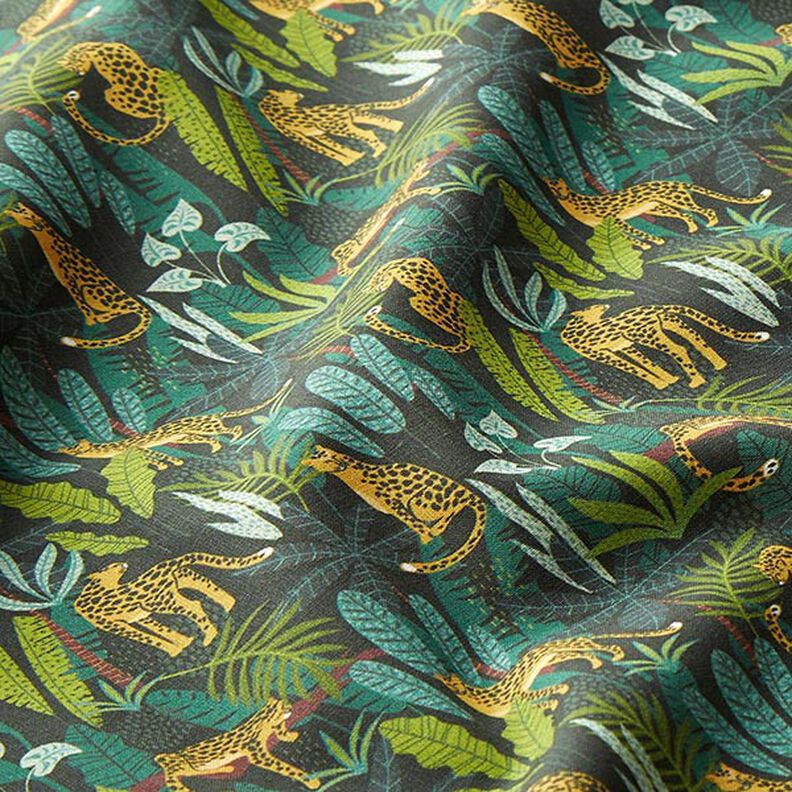 Sisustuskangas Puuvillapopliini Leopardit viidakossa – vihreä/keltainen,  image number 2
