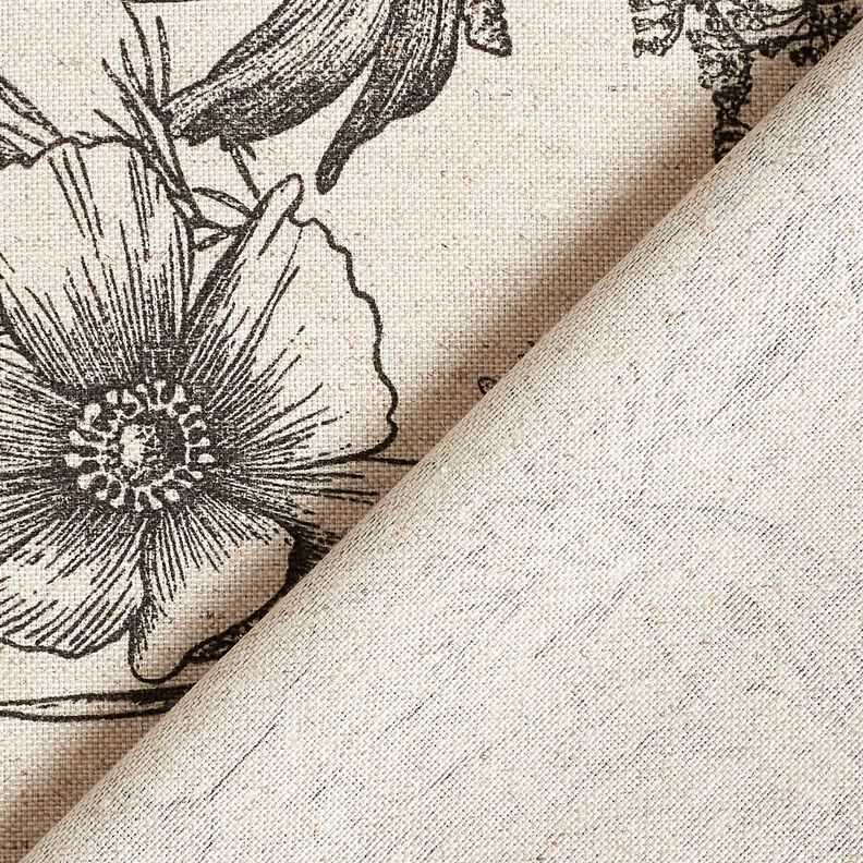 Sisustuskangas Puolipanama Kukat ja hein&auml;t &ndash; luonnonv&auml;rinen/musta,  image number 5