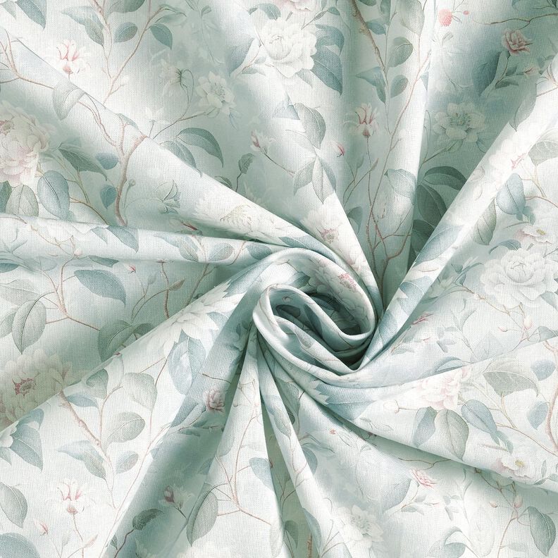 Puuvillakangas Popliini Hienot kukkaoksat &ndash; hopeansininen,  image number 3