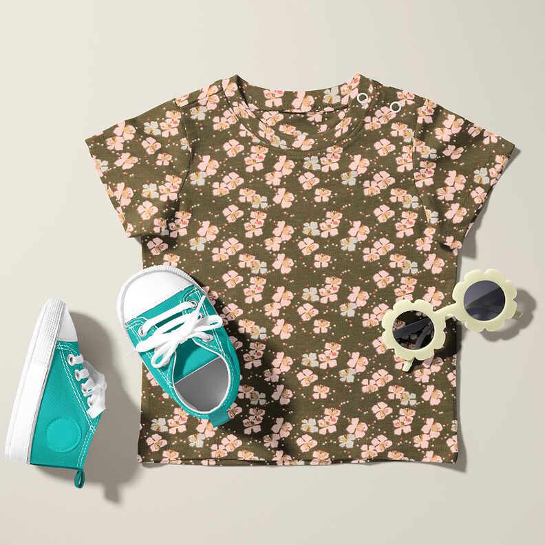 Puuvillajersey Suloiset kukkaset – khaki,  image number 5