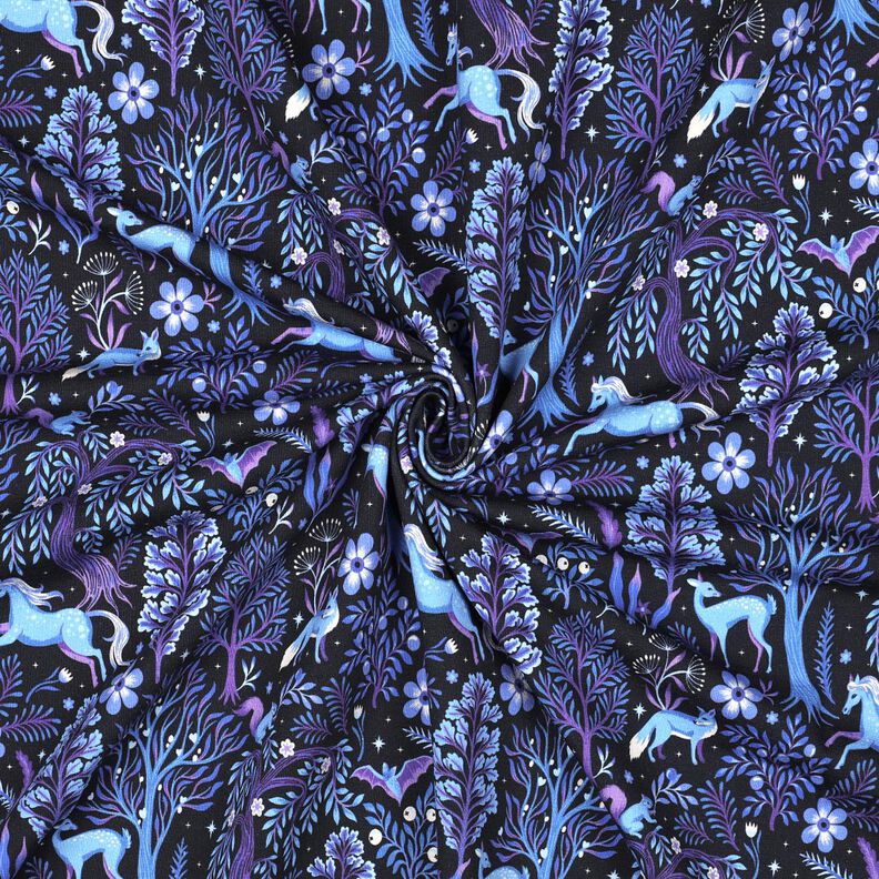 French Terry Kesäcollege Satumetsä Digitaalipainatus | Poppy Fabrics – sinimusta/punalila,  image number 3