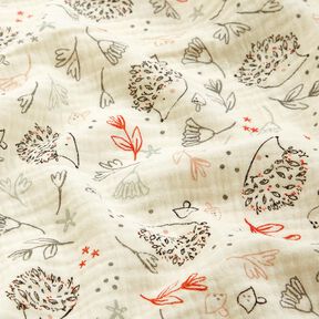 Musliini-/kaksikerroksinen kangas Siilit ja mets&auml;kasvit &ndash; villanvalkoinen, 