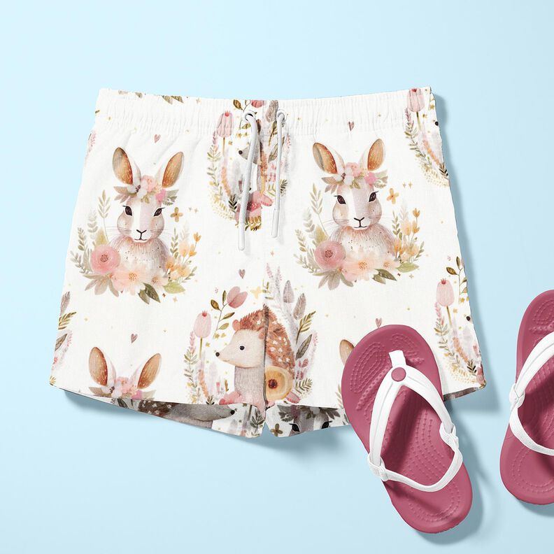 Puuvillapopliini Jänis ja siili kukkakehässä Digitaalipainatus – norsunluu,  image number 5