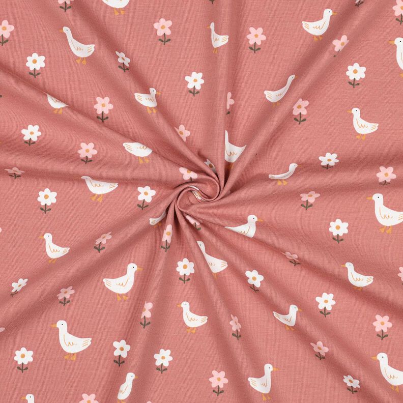 Puuvillajersey Hanhet kukkakedolla | Poppy Fabrics – tumma vanharoosa/valkoinen,  image number 3