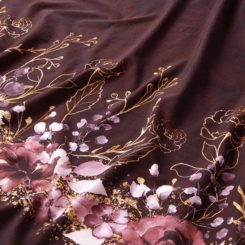 Puuvillajersey Reunuskangas Kukkia kultaisessa kimalluksessa | Glitzerp&uuml;ppi &ndash; bordeauxin,  image number 2