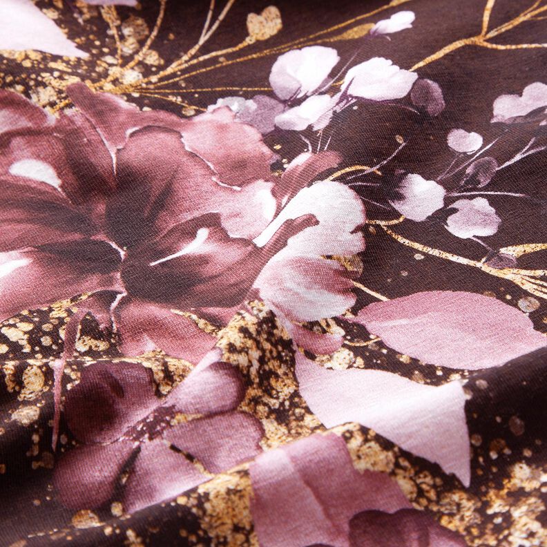 Puuvillajersey Reunuskangas Kukkia kultaisessa kimalluksessa | Glitzerp&uuml;ppi &ndash; bordeauxin,  image number 7