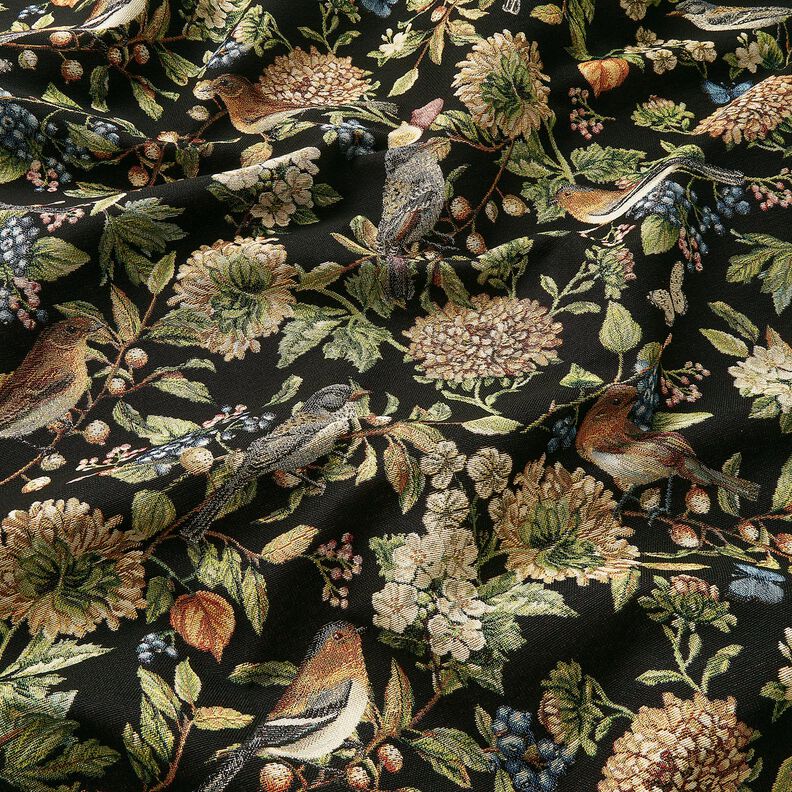 Sisustuskangas Gobeliini Kukkaset ja linnut – musta/vihreä,  image number 2