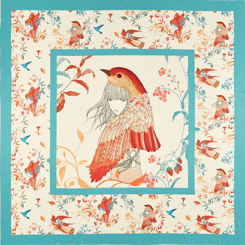 Satiinipaneeli Linnut ja keijut | Katia Fabrics – vedensininen/kerma,  image number 1