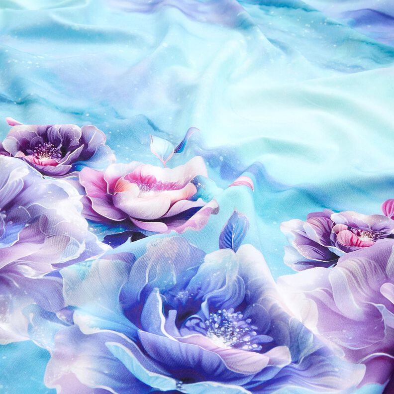 Puuvillajersey Summertime Blossoms | Glitzerpüppi  – taivaansininen/laventeli,  image number 2