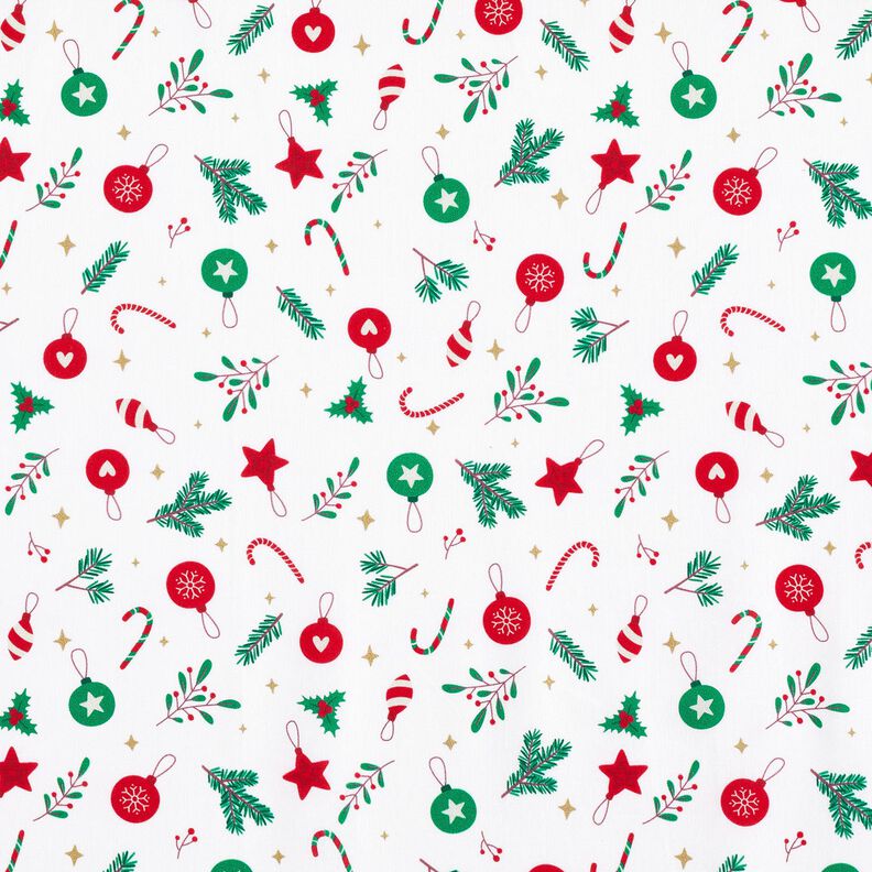 Puuvillakangas Kretonki Joulukoristeet &ndash; valkoinen/vihre&auml;,  image number 1