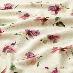 Viskoosi-pellavasekoite Akvarellikukat – luonnonvärinen/rypäle, 