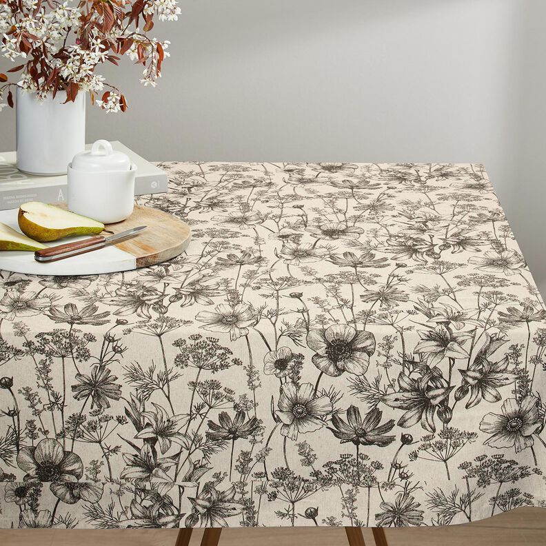 Sisustuskangas Puolipanama Kukat ja hein&auml;t &ndash; luonnonv&auml;rinen/musta,  image number 7