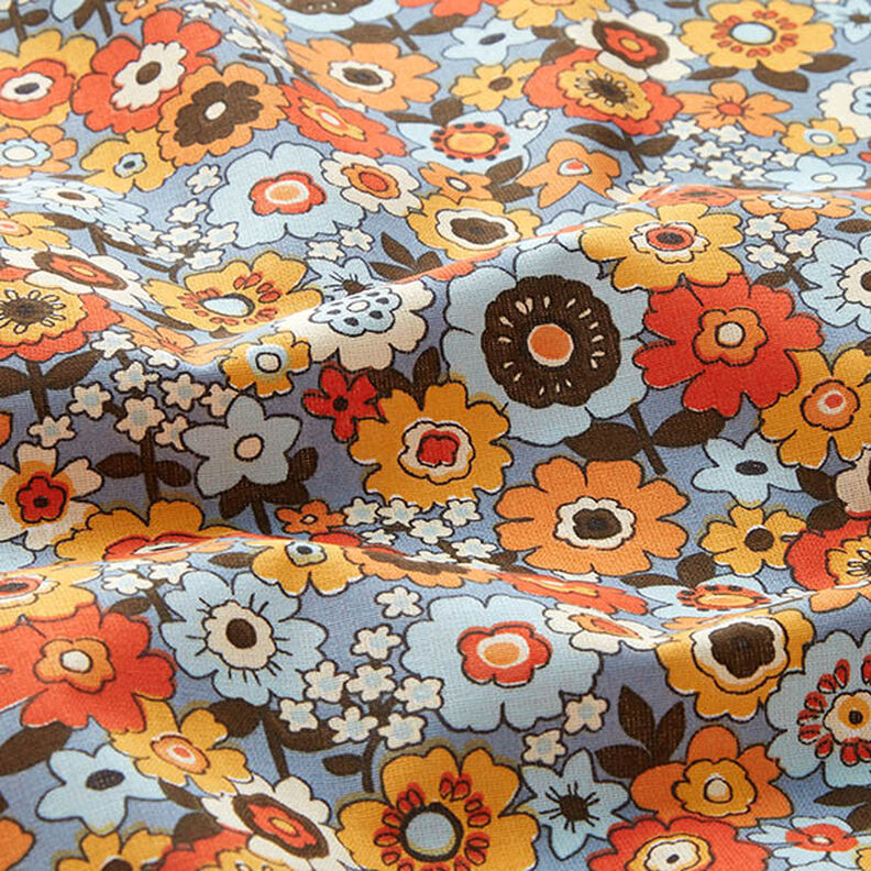 Puuvillakangas Kretonki Värikkäät kukat – vaalea farkunsininen/oranssi,  image number 2