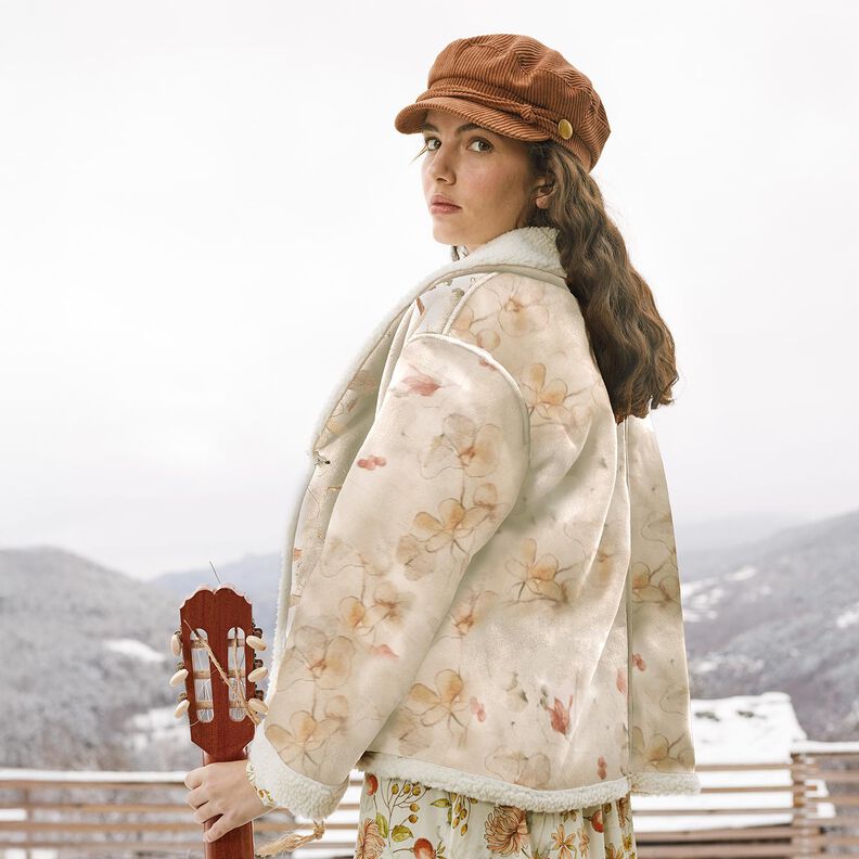 Joustava veluuri, jonka kääntöpuoli sherpa-kangasta Herkät kukat | Katia Fabrics – luonnonvärinen,  image number 6