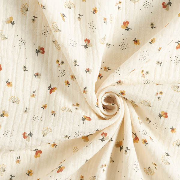 Musliini-/kaksikerroksinen kangas Kukkaset ja siilit – villanvalkoinen,  image number 3