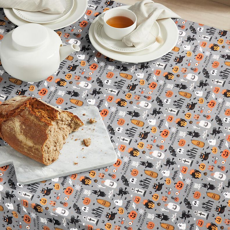 Puuvillakangas Popliini Happy Halloween – norsunharmaa/vaaleanoranssi,  image number 6