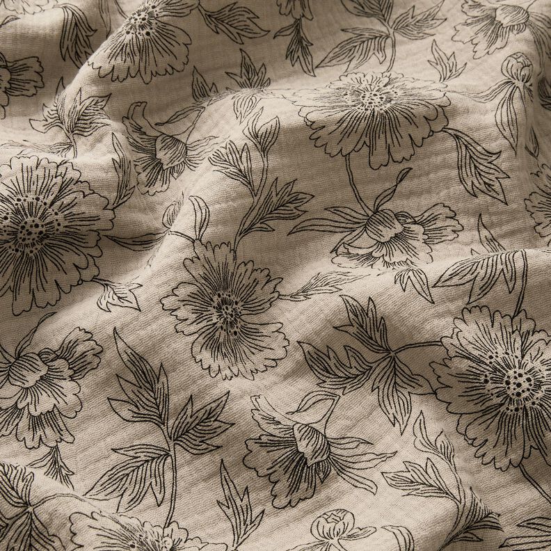 Musliini-/kaksikerroksinen kangas Suuret kukat – vaalea ruskeanharmaa/musta,  image number 2