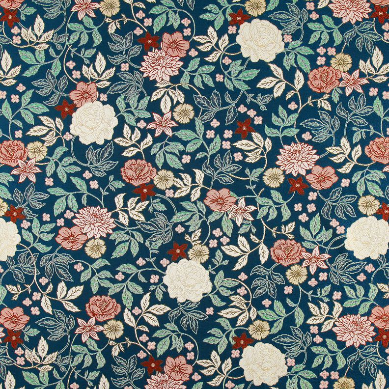 Sisustuskangas Jacquard Vintage-kukat – petrooli/tummanpunainen,  image number 1