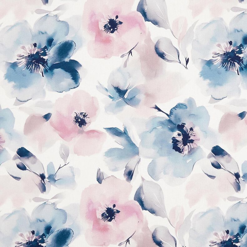 Sisustuskangas Puolipanama Suuret akvarellikukat &ndash; valkoinen/pastellivioletti,  image number 1