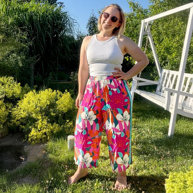 Viskoosi Voilee Suuret kukat Reunakuvio Paneeli – petrooli,  image number 6