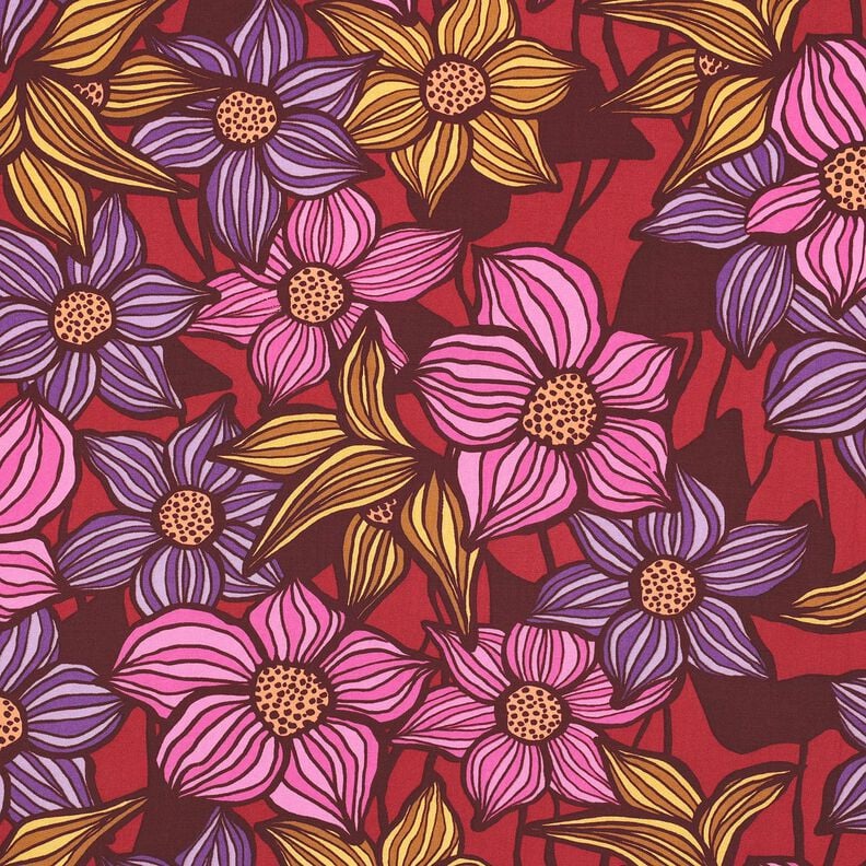 LENZING&trade; EcoVero&trade; Viskoosikangas Kukat | Poppy Fabrics &ndash; merlot/aprikoosi,  image number 1