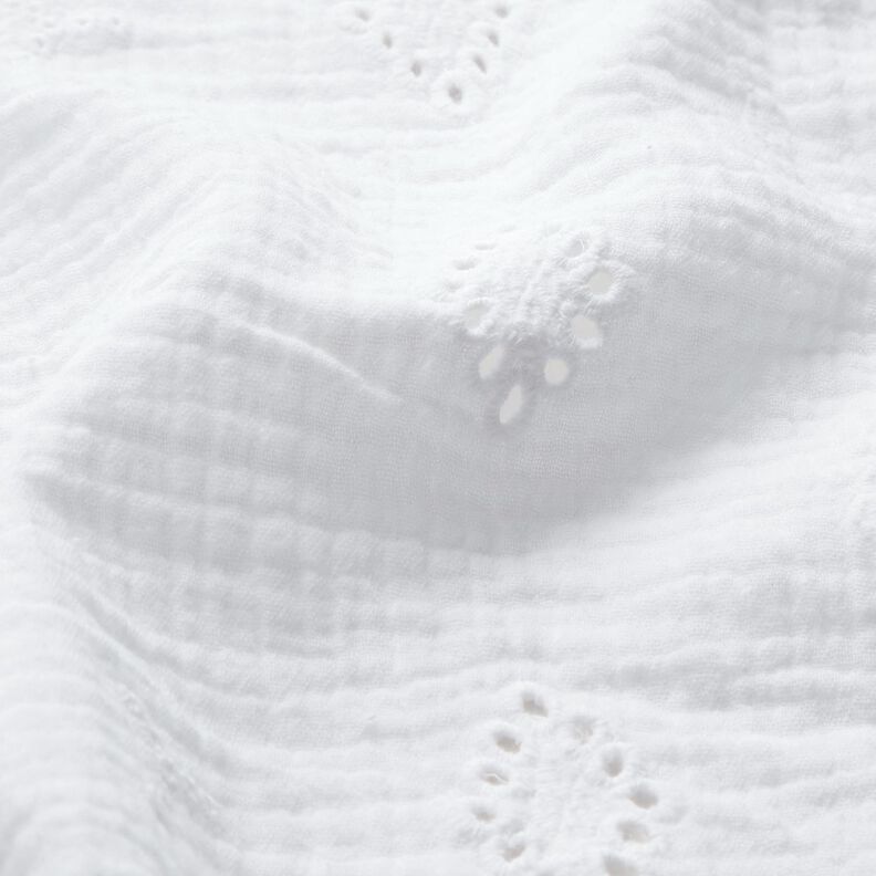 Musliini-/kaksikerroksinen kangas Reikäkirjonta Vinoneliö – valkoinen,  image number 2