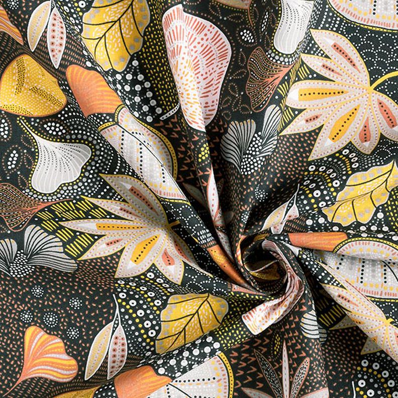 Puuvillakangas Kretonki Lehdet – musta/oranssi,  image number 3