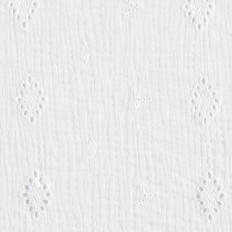 Musliini-/kaksikerroksinen kangas Reikäkirjonta Vinoneliö – valkoinen,  image number 1