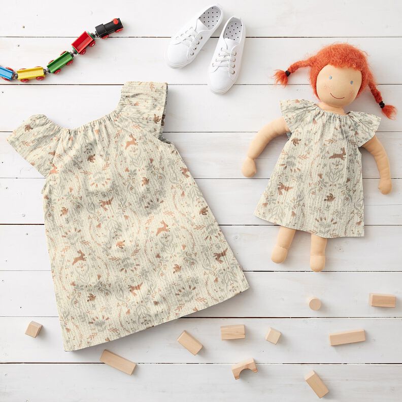 Musliini-/kaksikerroksinen kangas Lintu ja j&auml;nis kukkapuutarhassa &ndash; villanvalkoinen,  image number 5