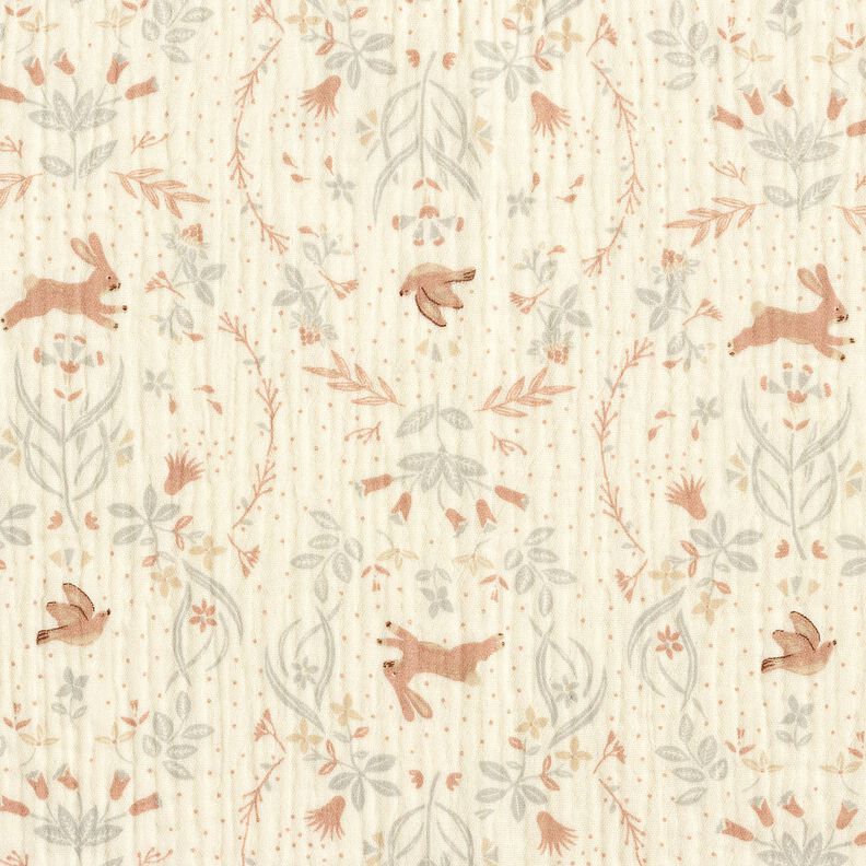 Musliini-/kaksikerroksinen kangas Lintu ja j&auml;nis kukkapuutarhassa &ndash; villanvalkoinen,  image number 1