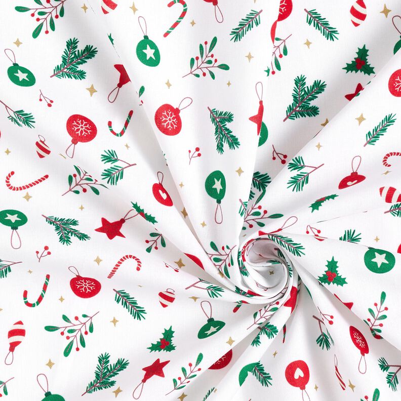 Puuvillakangas Kretonki Joulukoristeet &ndash; valkoinen/vihre&auml;,  image number 3