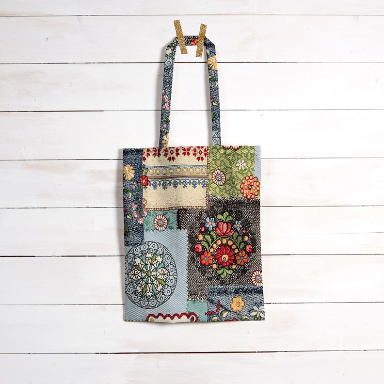 Sisustuskangas Gobeliini Farkku-tilkkutyö – vaalea beige/farkunsininen,  image number 8