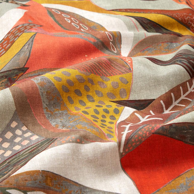 Sisustuskangas Puolipanama Trooppiset lehdet – sinappi/terrakotta,  image number 2