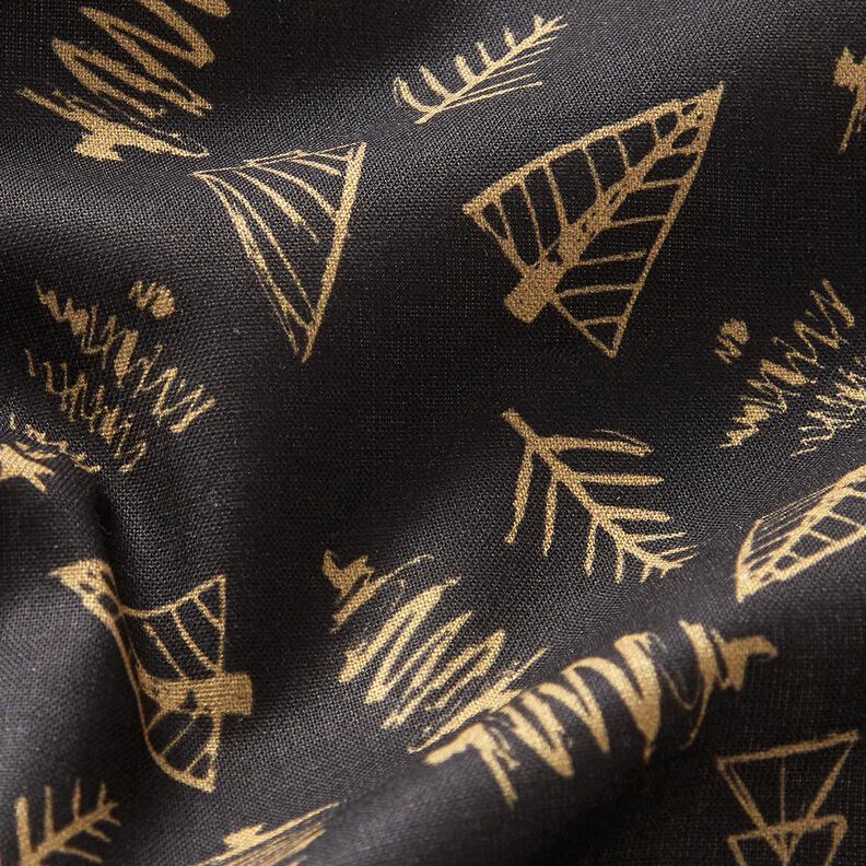 Puuvillakangas Kretonki Tyylikkäät kuuset – musta/kulta,  image number 2