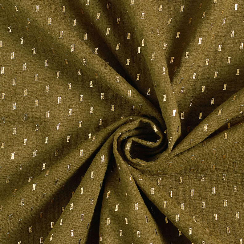 Musliini-/kaksikerroksinen kangas Foliopainatus Pikkulaatikot – tummaoliivi/kulta,  image number 4