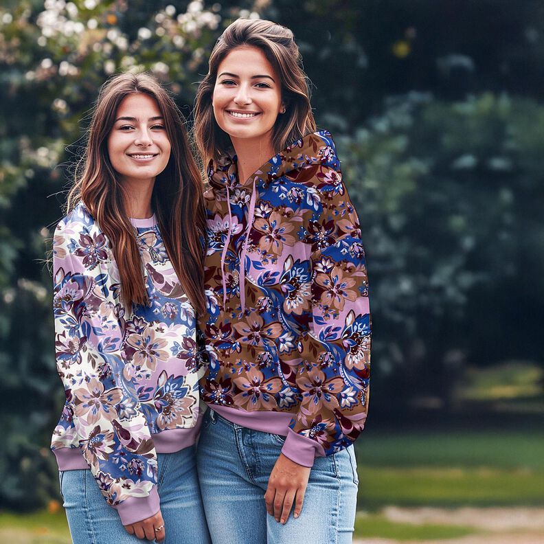 French Terry Kes&auml;college Maalatut kukat Digitaalipainatus &ndash; indigo/kastanjanruskea,  image number 5