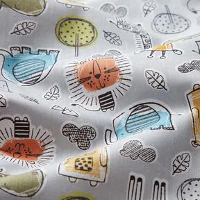 Puuvillakangas Kretonki Eläimet safarilla – hopeanharmaa, 