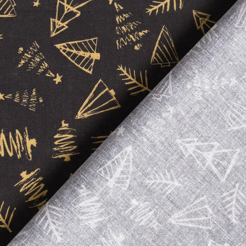 Puuvillakangas Kretonki Tyylikkäät kuuset – musta/kulta,  image number 4