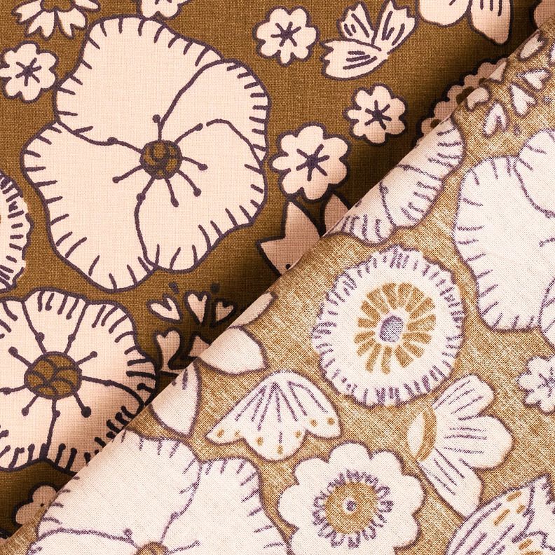 Puuvillakangas Kretonki Retrokukat &ndash; oliivi/ruusunpunainen,  image number 4