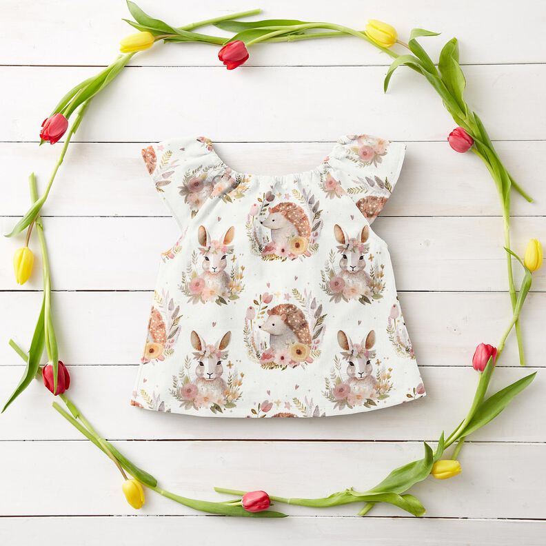 Puuvillapopliini Jänis ja siili kukkakehässä Digitaalipainatus – norsunluu,  image number 6