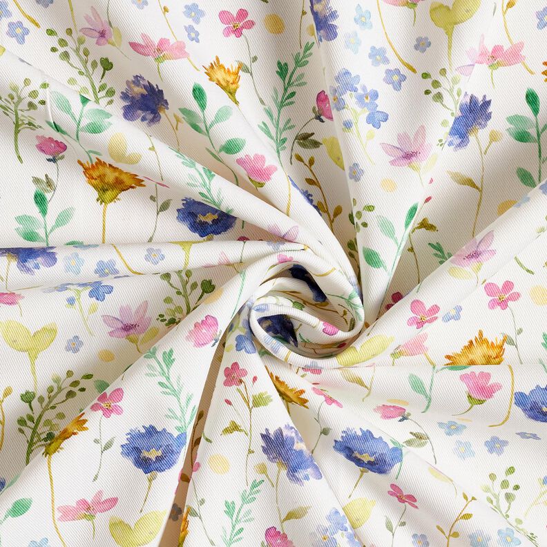 Sisustuskangas Puuvillatoimikas Niittykukat &ndash; norsunluu/sinilila,  image number 3