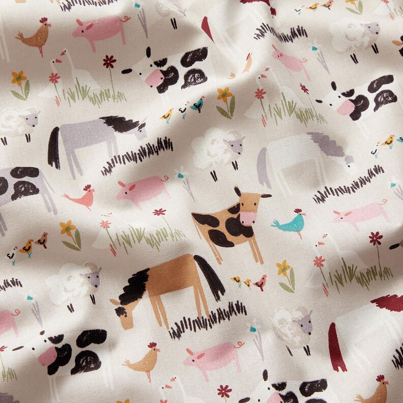 Puuvillakangas Kretonki Maatilan eläimet – manteli,  image number 2