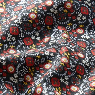 Puuvillakangas Kretonki Pienet kukkaset – musta/karmiininpunainen, 