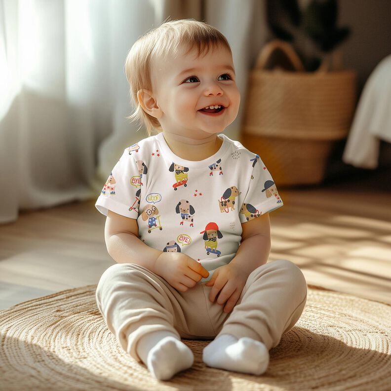 Puuvillajersey Skeittaava koira Digitaalipainatus | Poppy Fabrics &ndash; norsunluu/ruusukulta,  image number 5